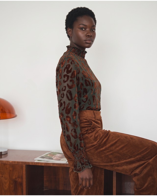 Velvet Leopard Sheer Blouse - olive