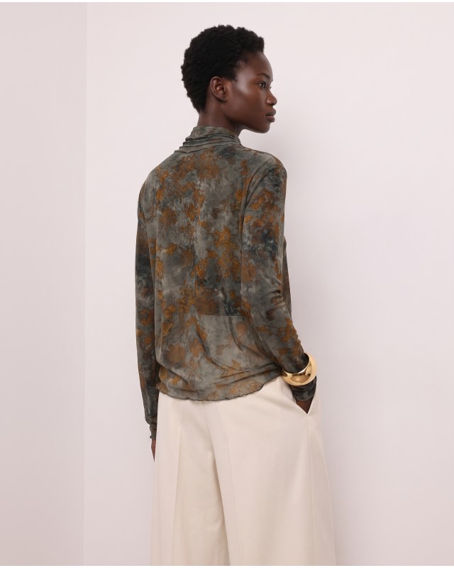 Sheer Floral Turtleneck blouse - Olive Khaki