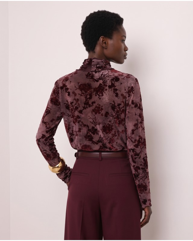 Sheer Floral Turtleneck blouse - Burgundy