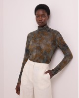 Sheer Floral Turtleneck blouse - Olive Khaki