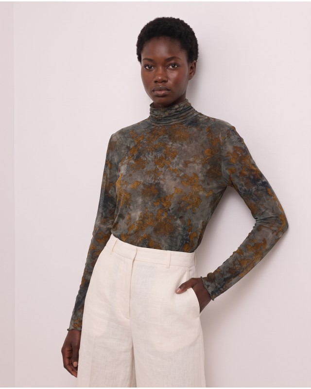 Sheer Floral Turtleneck blouse - Olive Khaki