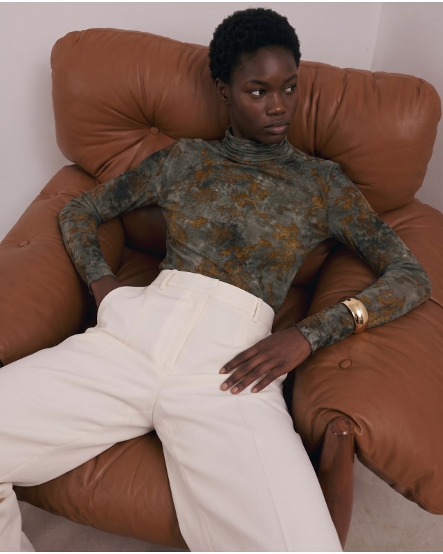 Sheer Floral Turtleneck blouse - Olive Khaki