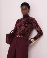 Sheer Floral Turtleneck blouse - Burgundy