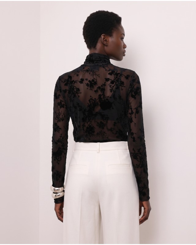 Sheer Floral Turtleneck blouse- black 
