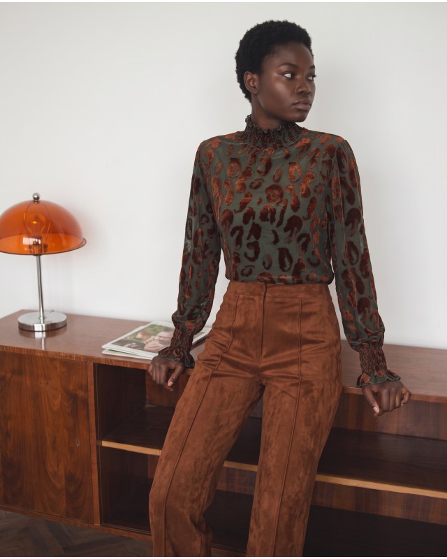 Velvet Leopard Sheer Blouse - olive
