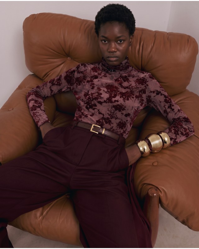 Sheer Floral Turtleneck blouse - Burgundy