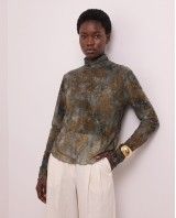 Sheer Floral Turtleneck blouse - Olive Khaki