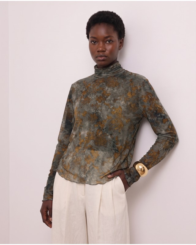 Sheer Floral Turtleneck blouse - Olive Khaki