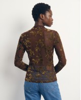 Sheer Floral Mock Neck Blouse - brown