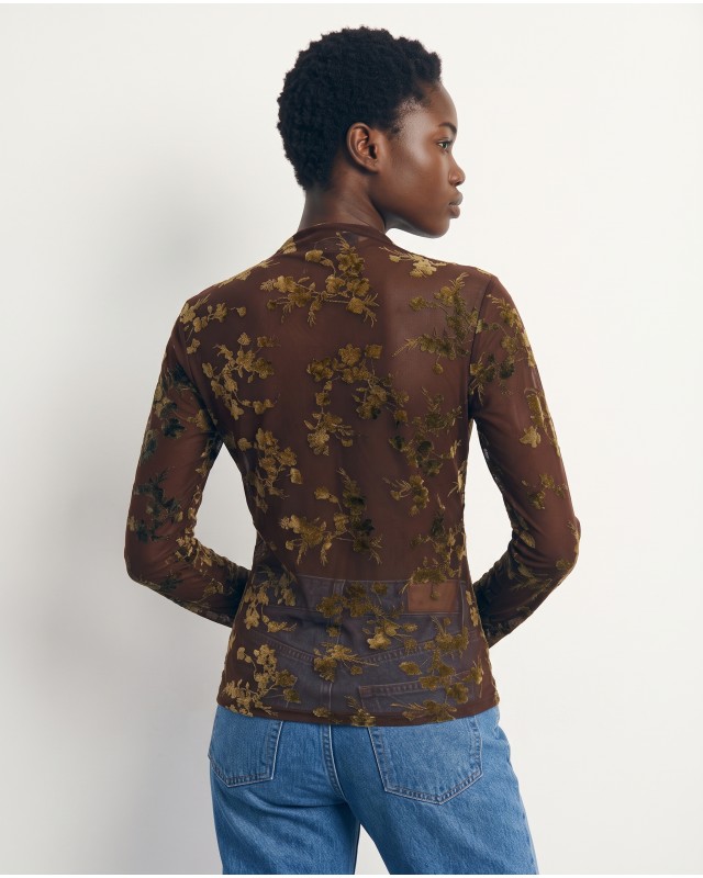 Sheer Floral Mock Neck Blouse - brown