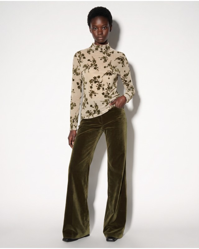 Sheer Floral Mock Neck Blouse - beige