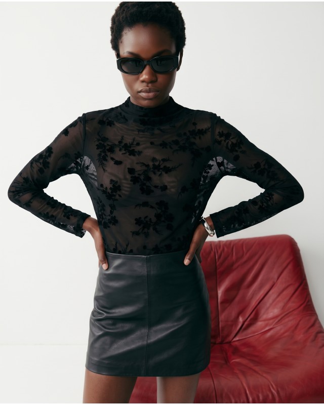 Sheer Floral Mock Neck Blouse - Black