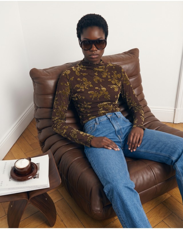 Sheer Floral Mock Neck Blouse - brown