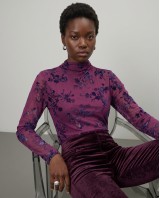 Sheer Floral Mock Neck Blouse - purple