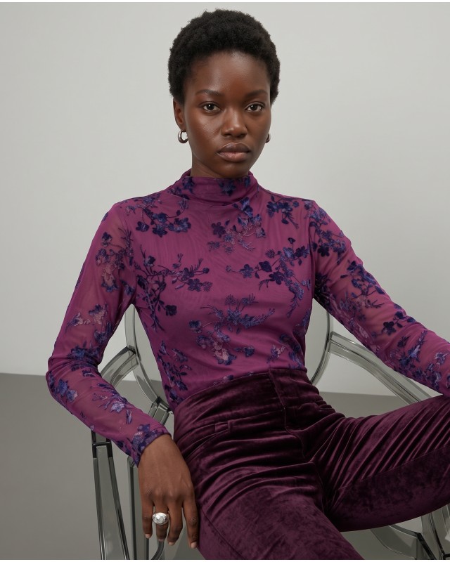 Sheer Floral Mock Neck Blouse - purple