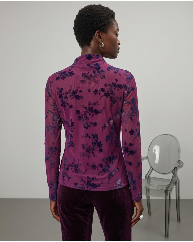 Sheer Floral Mock Neck Blouse - purple