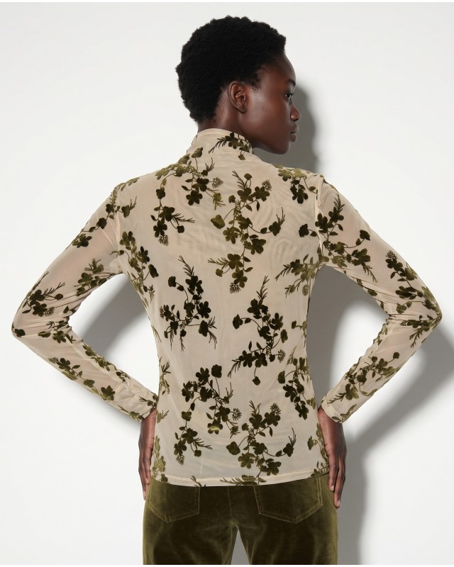 Sheer Floral Mock Neck Blouse - beige