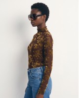 Sheer Floral Mock Neck Blouse - brown