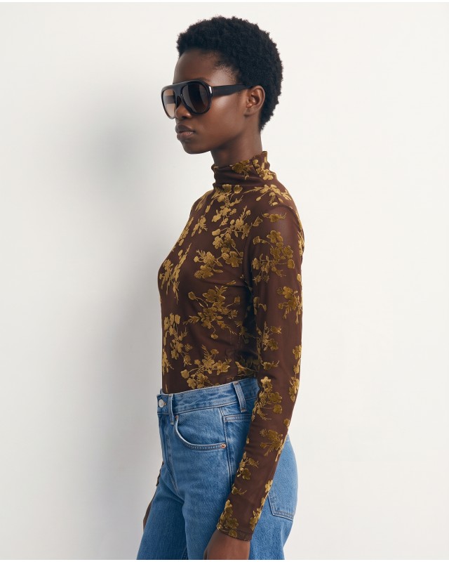 Sheer Floral Mock Neck Blouse - brown