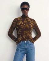 Sheer Floral Mock Neck Blouse - brown