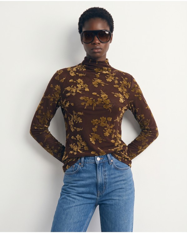 Sheer Floral Mock Neck Blouse - Black