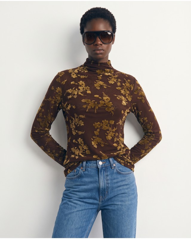 Sheer Floral Mock Neck Blouse - brown