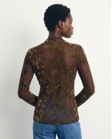 Sheer Floral Mock Neck Blouse - brown