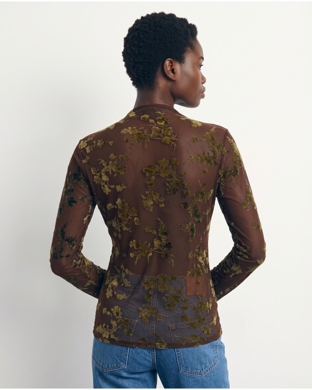 Sheer Floral Mock Neck Blouse - brown