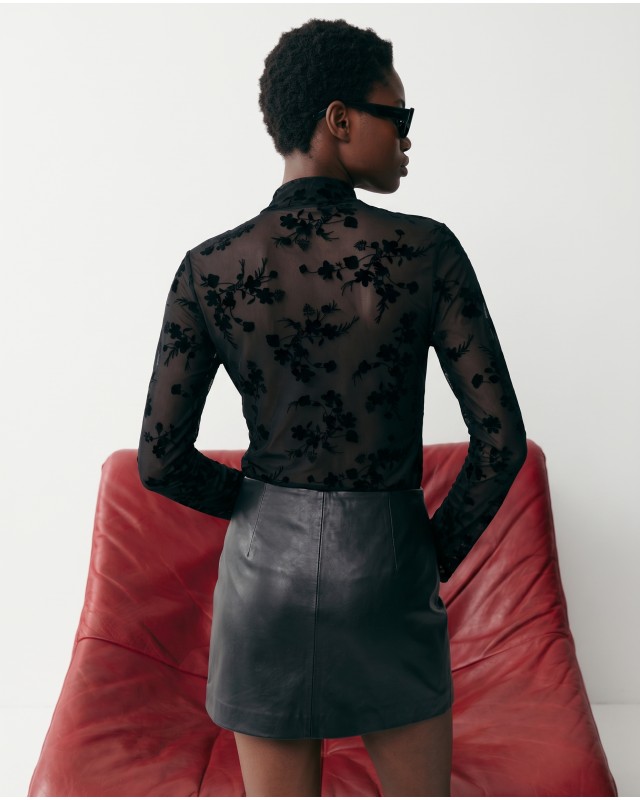 Sheer Floral Mock Neck Blouse - Black