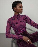 Sheer Floral Mock Neck Blouse - purple