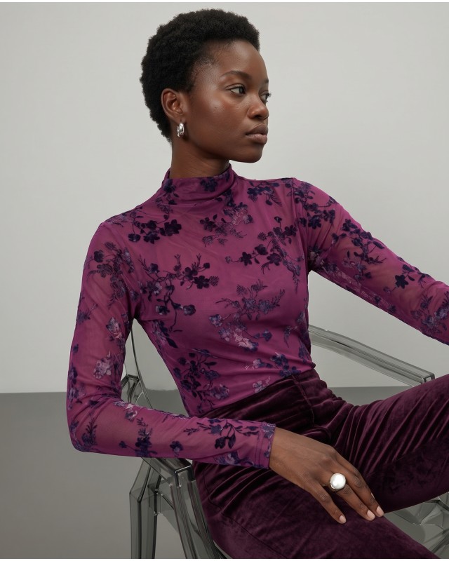 Sheer Floral Mock Neck Blouse - purple