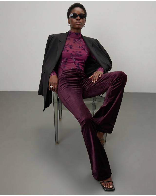 Sheer Floral Mock Neck Blouse - purple