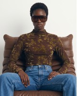 Sheer Floral Mock Neck Blouse - brown