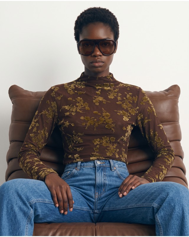 Sheer Floral Mock Neck Blouse - brown