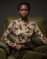 Sheer Floral Mock Neck Blouse - beige