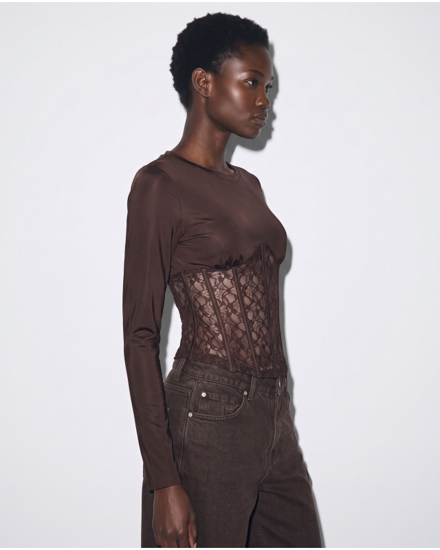 Μπλούζα Corset Style με Δαντέλα καφέ