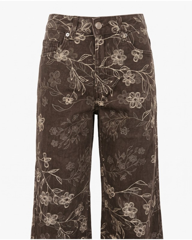 Floral Embroidered Wide Leg Jeans brown