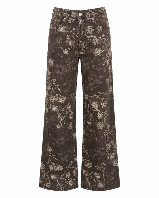 Floral Embroidered Wide Leg Jeans brown