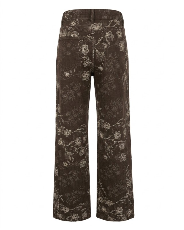 Floral Embroidered Wide Leg Jeans brown