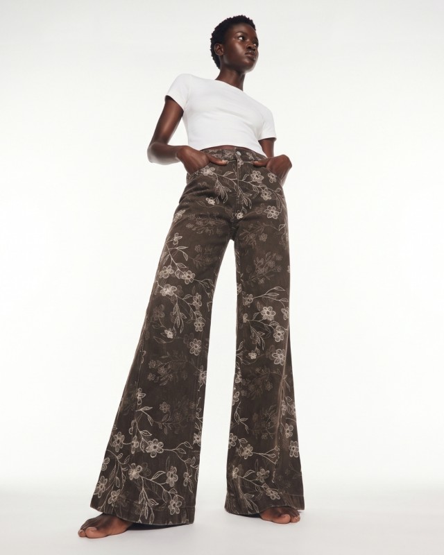Floral Embroidered Wide Leg Jeans brown