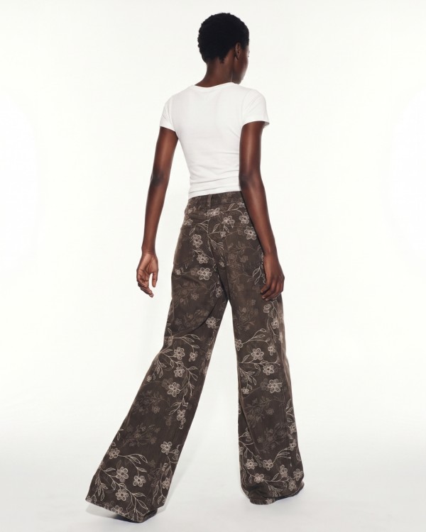 Floral Embroidered Wide Leg Jeans brown