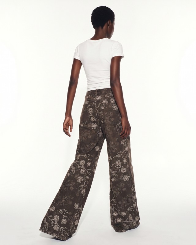 Floral Embroidered Wide Leg Jeans brown
