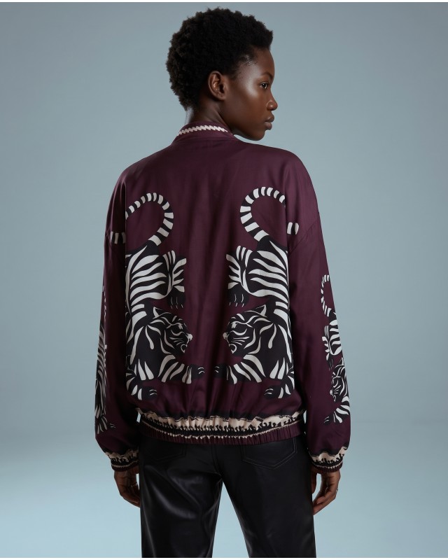 Bomber Jacket με Tiger Print & Φερμουάρ - plum
