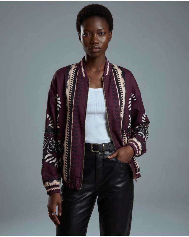 Bomber Jacket με Tiger Print & Φερμουάρ - plum