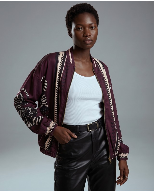 Bomber Jacket με Tiger Print & Φερμουάρ - plum