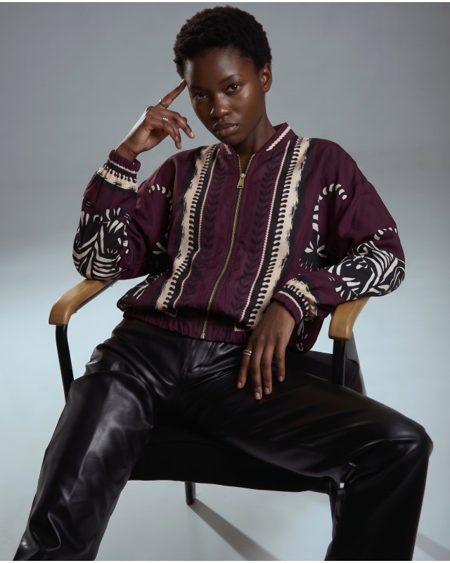 Bomber Jacket με Tiger Print & Φερμουάρ - plum