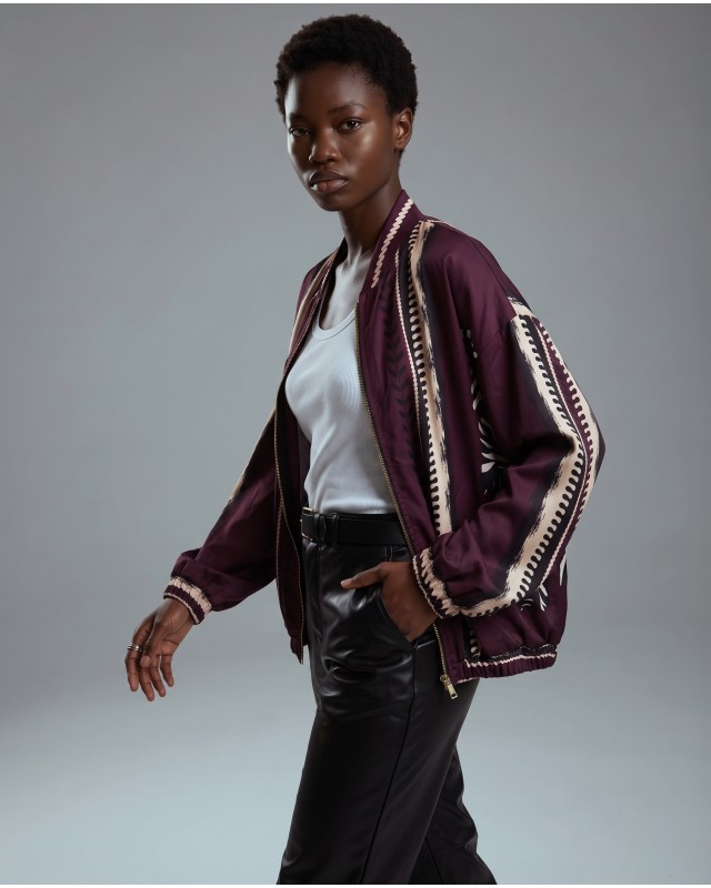 Bomber Jacket με Tiger Print & Φερμουάρ - plum
