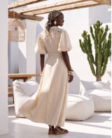 "Aurelia" Belted Lace-Detail Dress beige