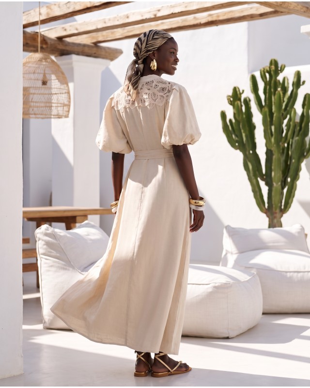 "Aurelia" Belted Lace-Detail Dress beige