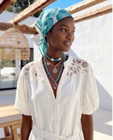"Aurelia" Belted Lace-Detail Dress white